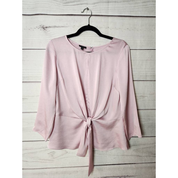 Talbots Womens Peplum Top Pink Solid Long Sleeve Tie Front Zip Blouse Career 4 - Picture 1 of 6